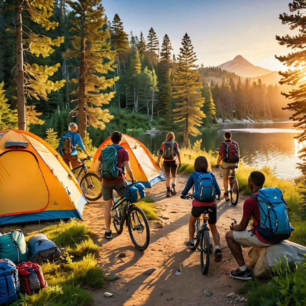 A serene outdoor scene featuring a diverse group of people enjoying various activities like hiking, biking, and camping. They are surrounded by vibrant nature, showcasing colorful gear such as backpacks, tents, and bikes. The sun is setting in the background, casting a warm glow while joyful expressions reflect the thrill of adventure. Add playful animals to enhance the lively atmosphere. super-realistic. vibrant colors. natural setting.