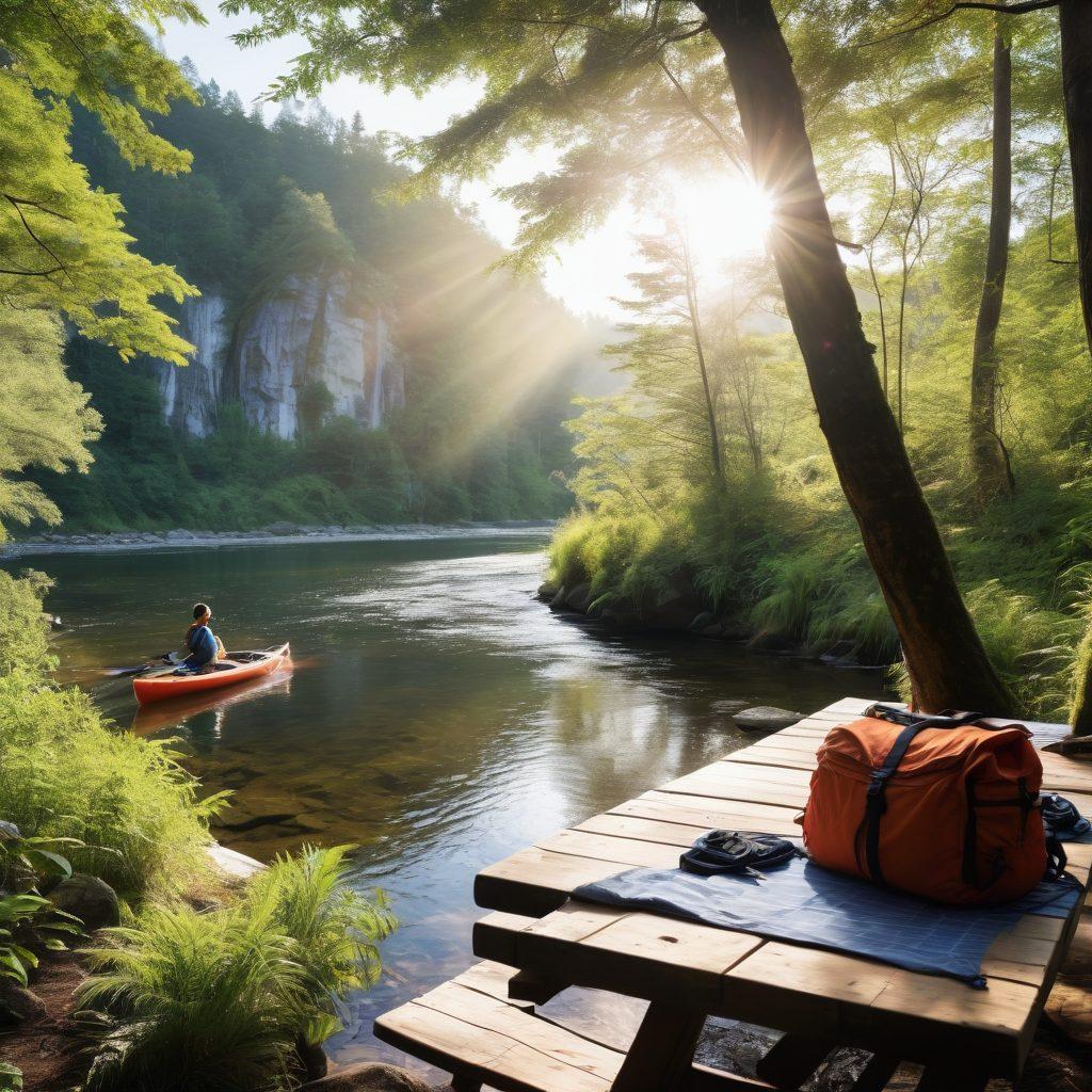 A breathtaking scene of a winding river surrounded by lush greenery, showcasing a diverse range of outdoor gear beautifully displayed on a wooden picnic table. In the foreground, a hiker examines a high-quality backpack, while in the background, friends enjoy kayaking and setting up a tent. Bright sunshine filters through the trees, creating a warm, inviting atmosphere. super-realistic. vibrant colors. nature-inspired.
