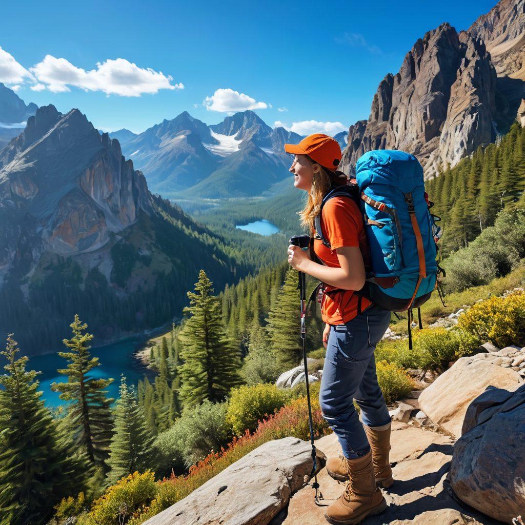A vibrant and inspiring scene depicting a joyful person exploring nature with adventure gear, surrounded by sunlit mountains, lush forests, and a clear blue sky. Include a brightly colored backpack, hiking boots, and a camera in hand, capturing the moment. The person should exude happiness, embodying the essence of adventure and exploration. super-realistic. vibrant colors. 3D.